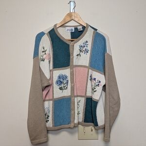 Paul Harris Design Floral Patchwork Sweater Cardigan | Size L | Cottagecore Vint